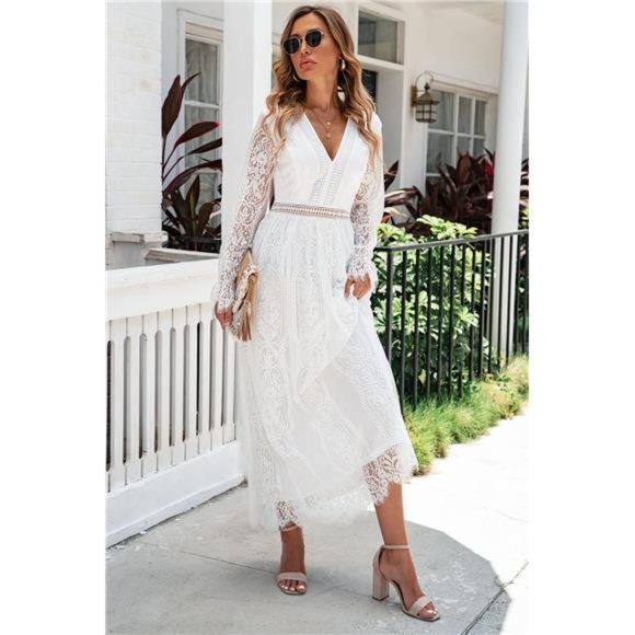 Women's Scalloped Hem Flounce Sleeve Lace V-Neck Maxi Dress - Picture 6 of 9